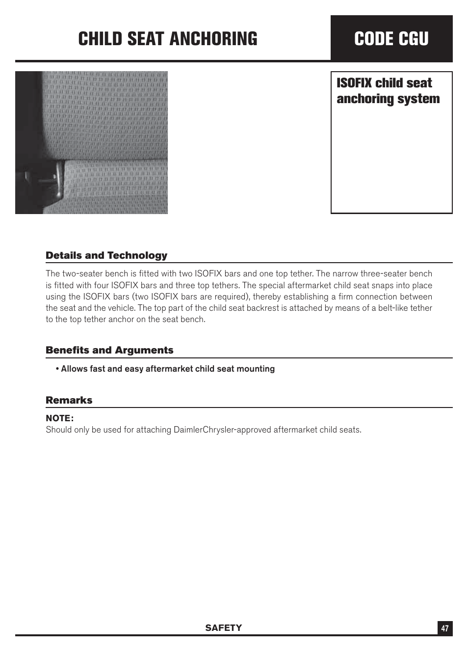 Code cgu, Child seat anchoring, Isofix child seat anchoring system | Dodge Sprinter 3500 User Manual | Page 49 / 202