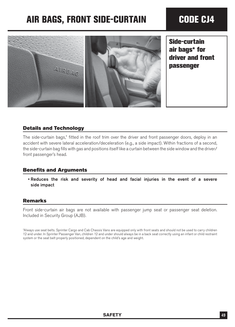 Code cj4, Air bags, front side-curtain | Dodge Sprinter 3500 User Manual | Page 51 / 202