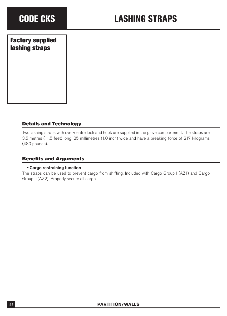 Code cks, Lashing straps, Factory supplied lashing straps | Dodge Sprinter 3500 User Manual | Page 54 / 202