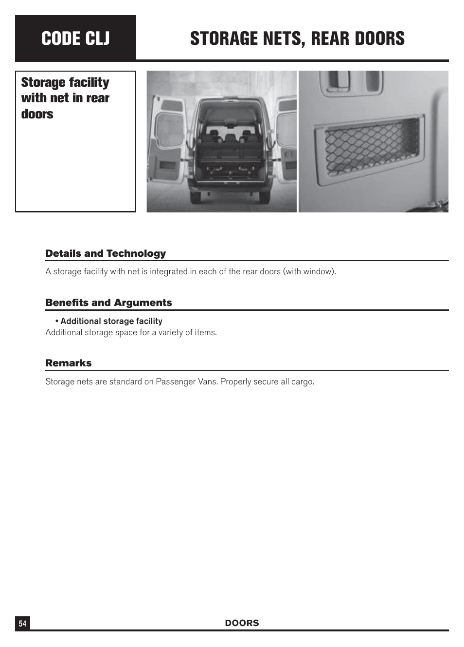 Code clj, Storage nets, rear doors, Storage facility with net in rear doors | Dodge Sprinter 3500 User Manual | Page 56 / 202