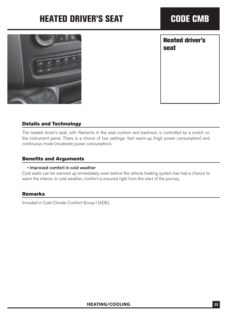 Code cmb, Heated driver’s seat | Dodge Sprinter 3500 User Manual | Page 57 / 202