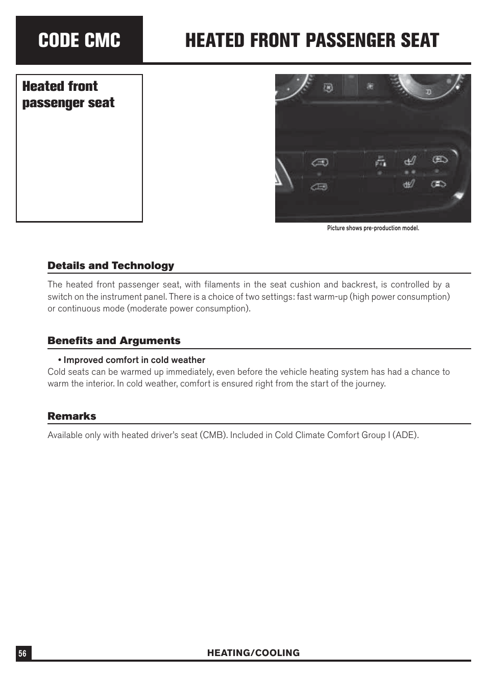 Code cmc, Heated front passenger seat | Dodge Sprinter 3500 User Manual | Page 58 / 202