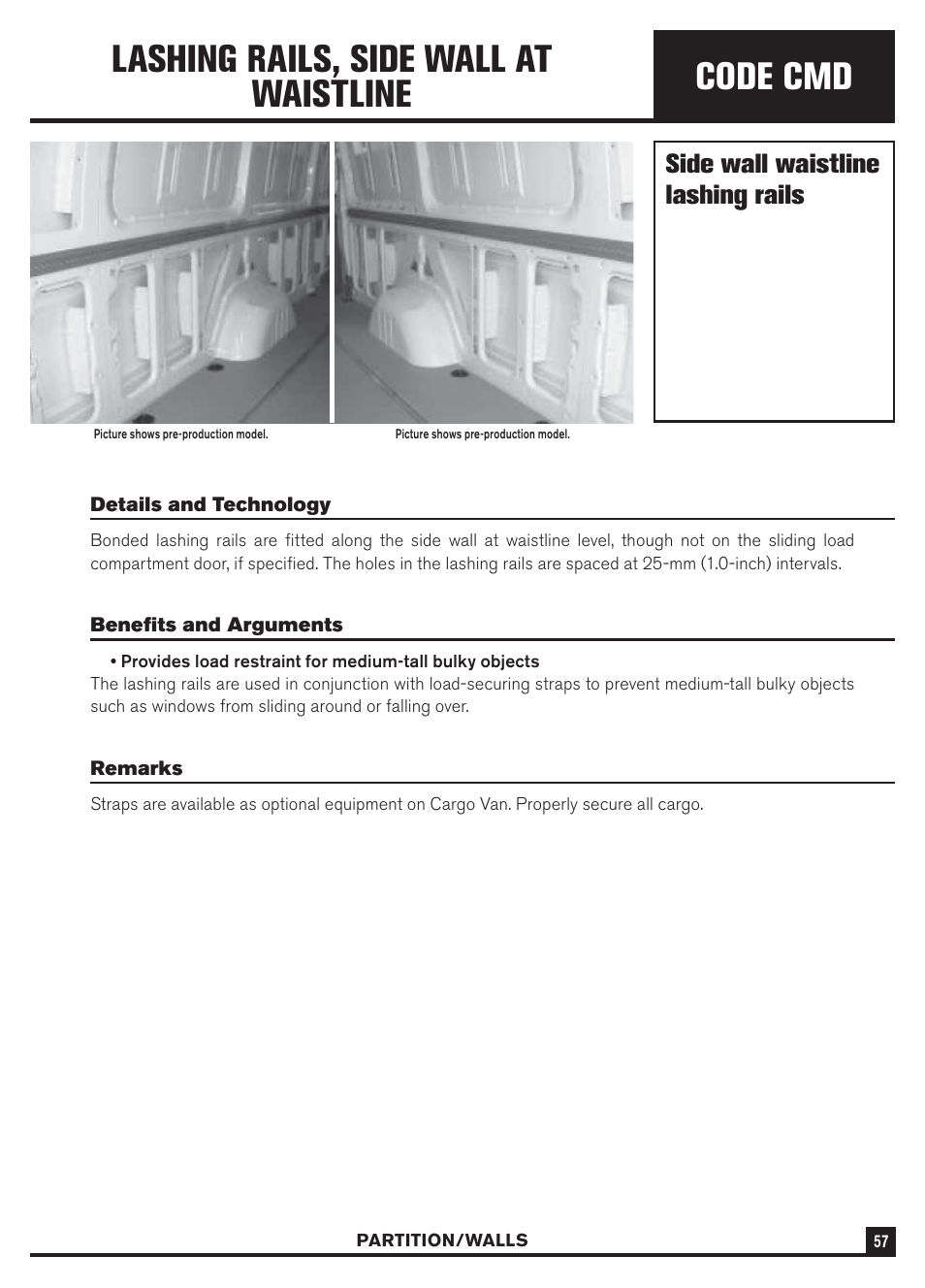 Code cmd, Lashing rails, side wall at waistline, Side wall waistline lashing rails | Dodge Sprinter 3500 User Manual | Page 59 / 202