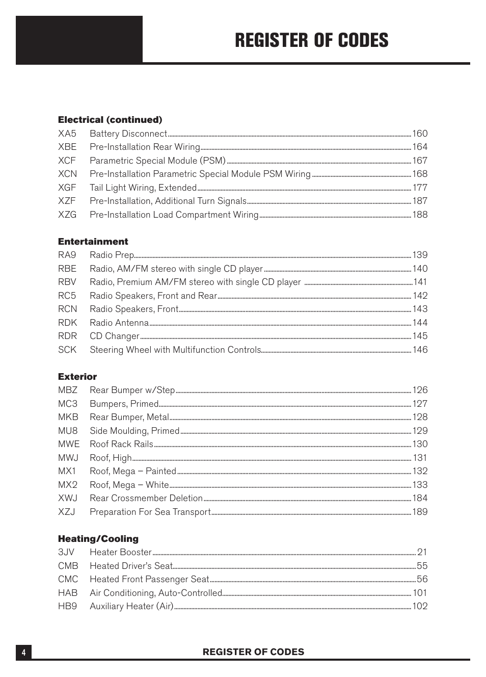 Register of codes | Dodge Sprinter 3500 User Manual | Page 6 / 202