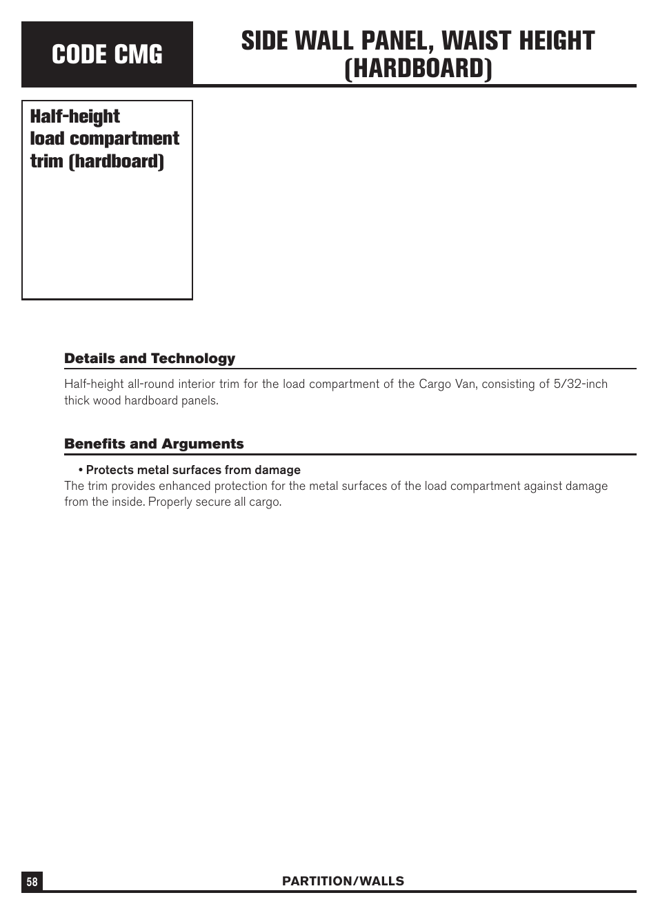 Code cmg, Side wall panel, waist height (hardboard) | Dodge Sprinter 3500 User Manual | Page 60 / 202