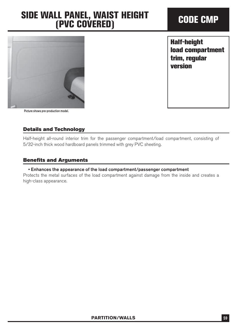 Code cmp, Side wall panel, waist height (pvc covered) | Dodge Sprinter 3500 User Manual | Page 61 / 202