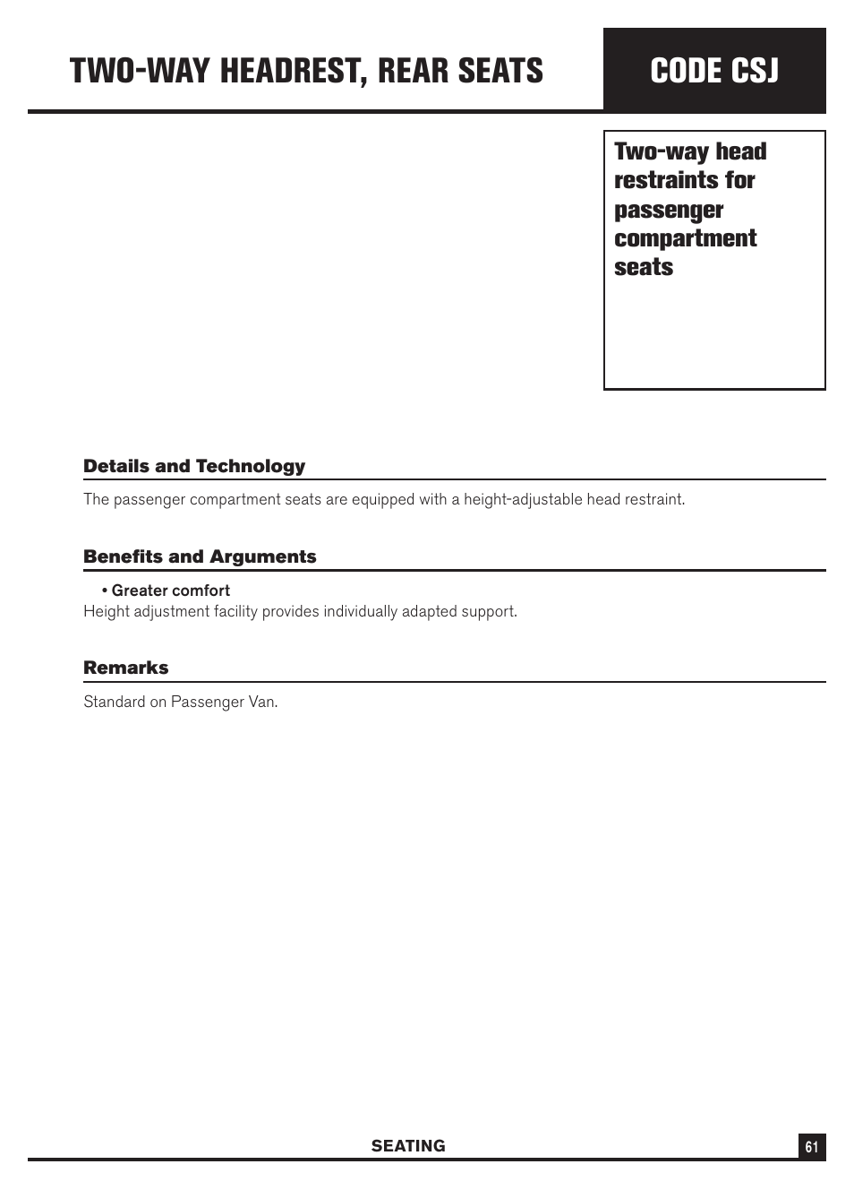 Code csj, Two-way headrest, rear seats | Dodge Sprinter 3500 User Manual | Page 63 / 202