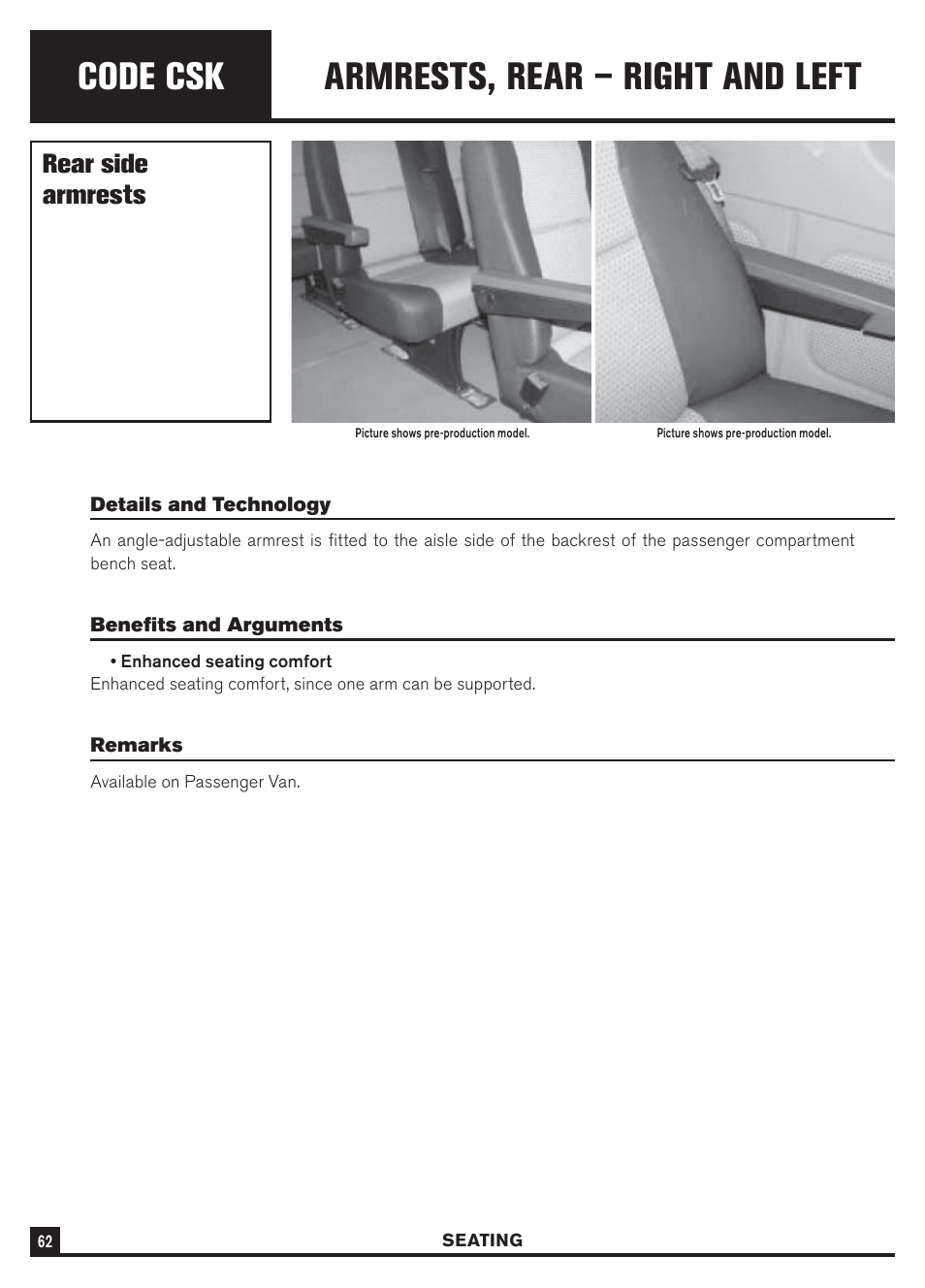 Code csk, Armrests, rear – right and left, Rear side armrests | Dodge Sprinter 3500 User Manual | Page 64 / 202