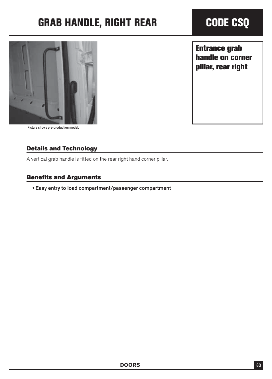 Code csq, Grab handle, right rear, Entrance grab handle on corner pillar, rear right | Dodge Sprinter 3500 User Manual | Page 65 / 202