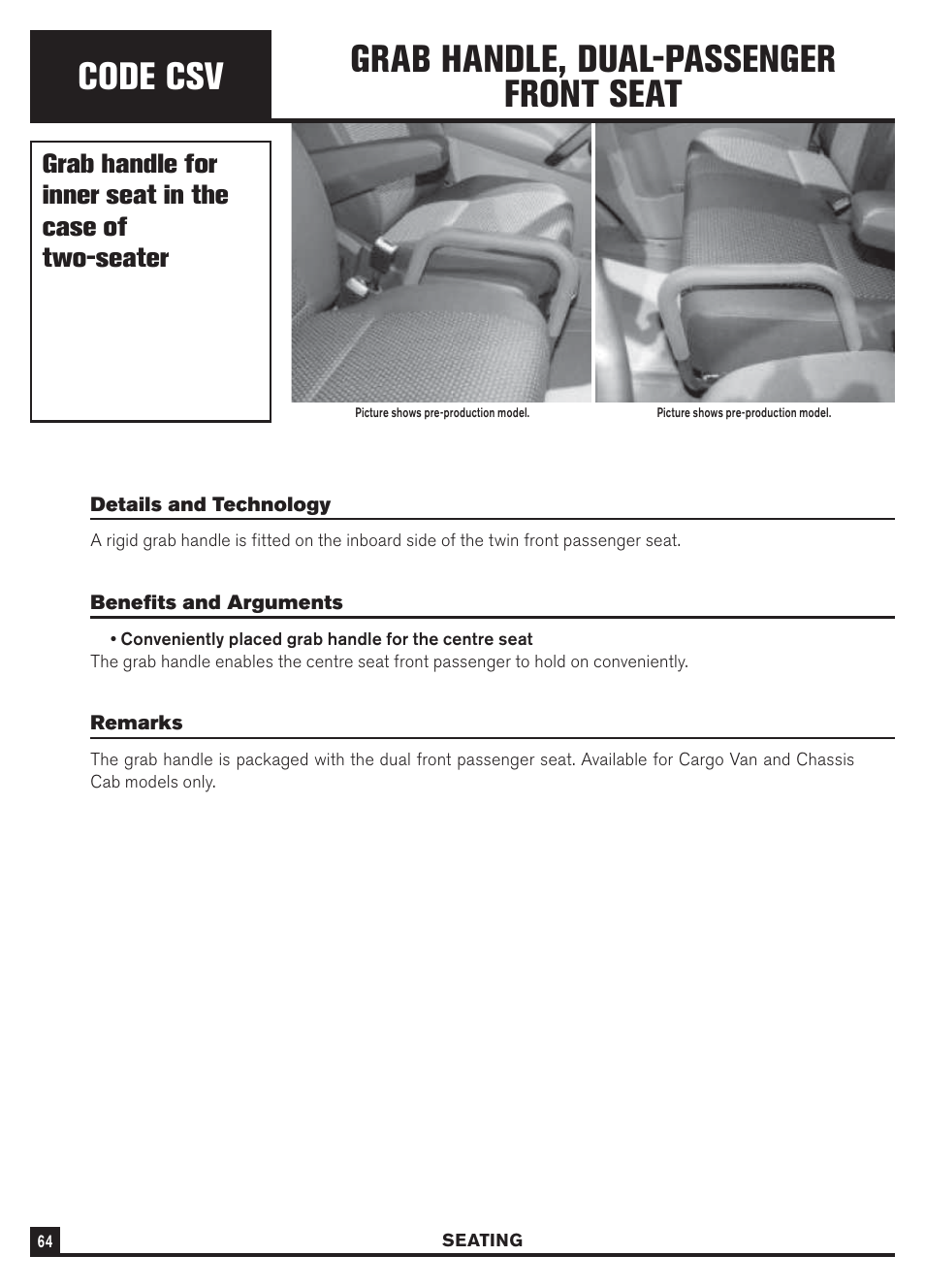Code csv, Grab handle, dual-passenger front seat | Dodge Sprinter 3500 User Manual | Page 66 / 202