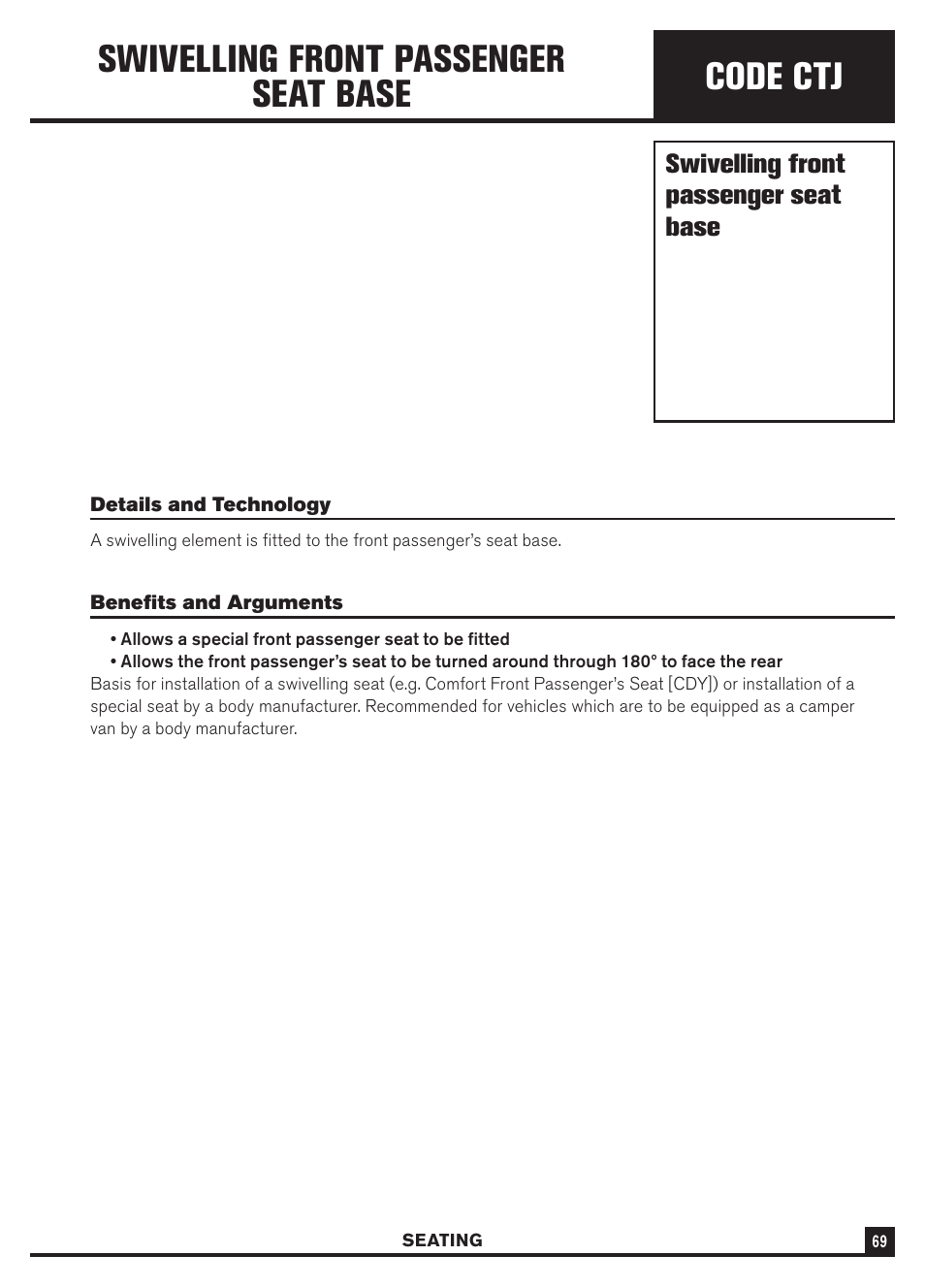 Code ctj, Swivelling front passenger seat base | Dodge Sprinter 3500 User Manual | Page 71 / 202