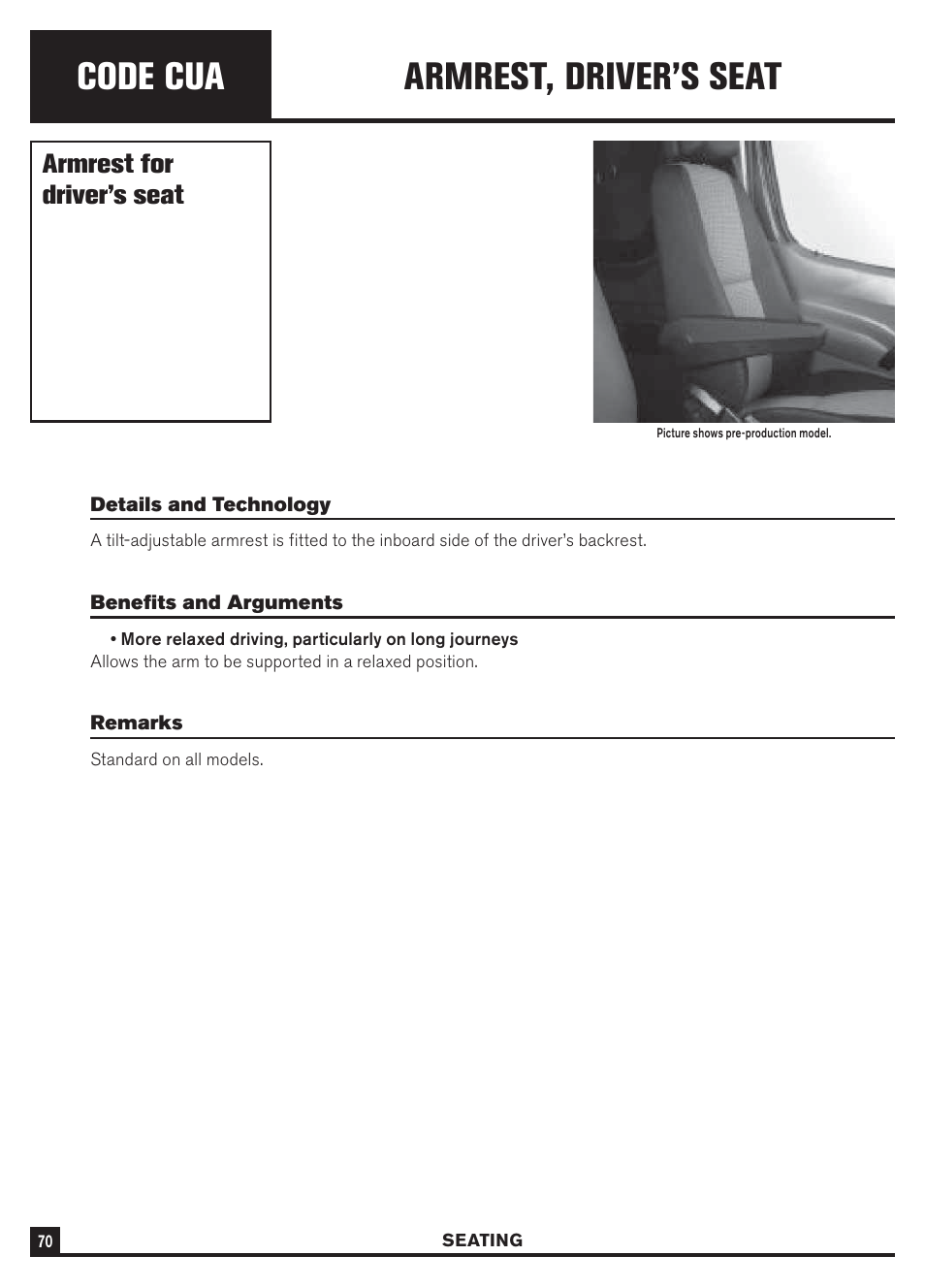 Code cua, Armrest, driver’s seat, Armrest for driver’s seat | Dodge Sprinter 3500 User Manual | Page 72 / 202