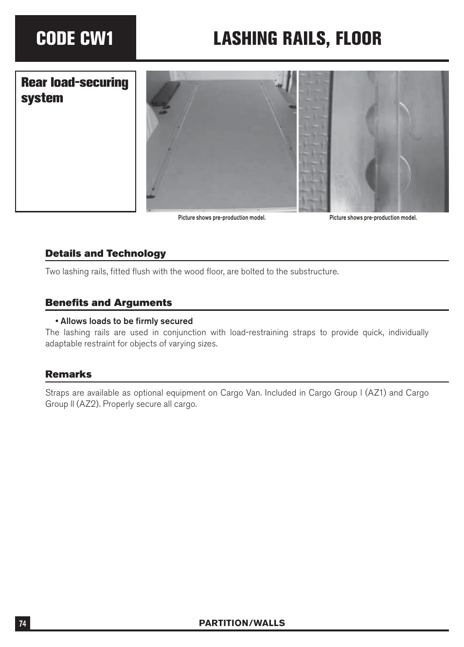 Code cw1, Lashing rails, floor, Rear load-securing system | Dodge Sprinter 3500 User Manual | Page 76 / 202