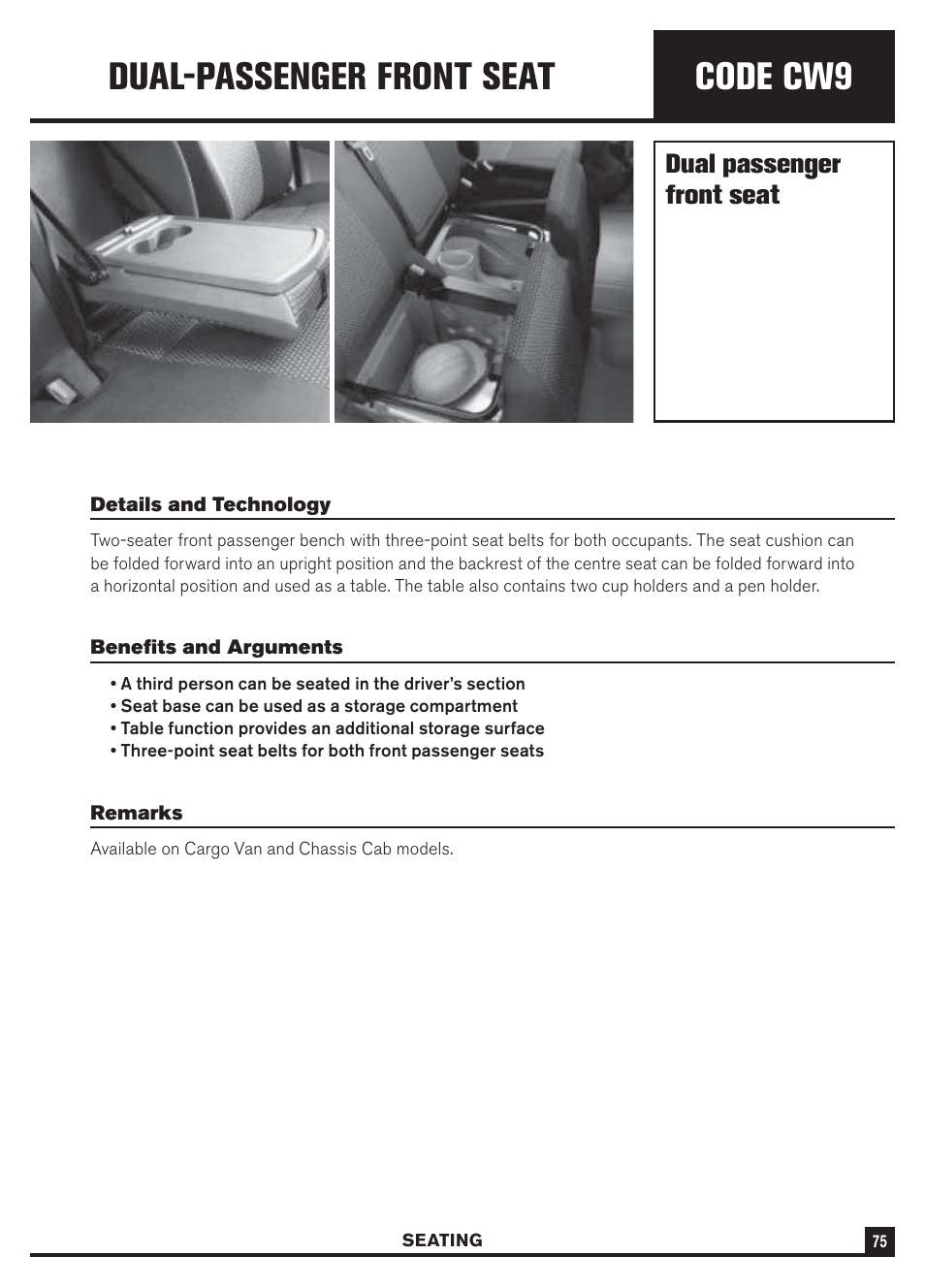 Code cw9, Dual-passenger front seat, Dual passenger front seat | Dodge Sprinter 3500 User Manual | Page 77 / 202