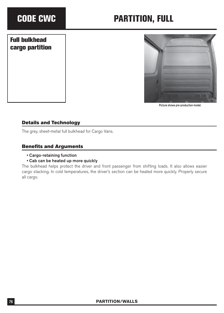 Code cwc, Partition, full, Full bulkhead cargo partition | Dodge Sprinter 3500 User Manual | Page 78 / 202