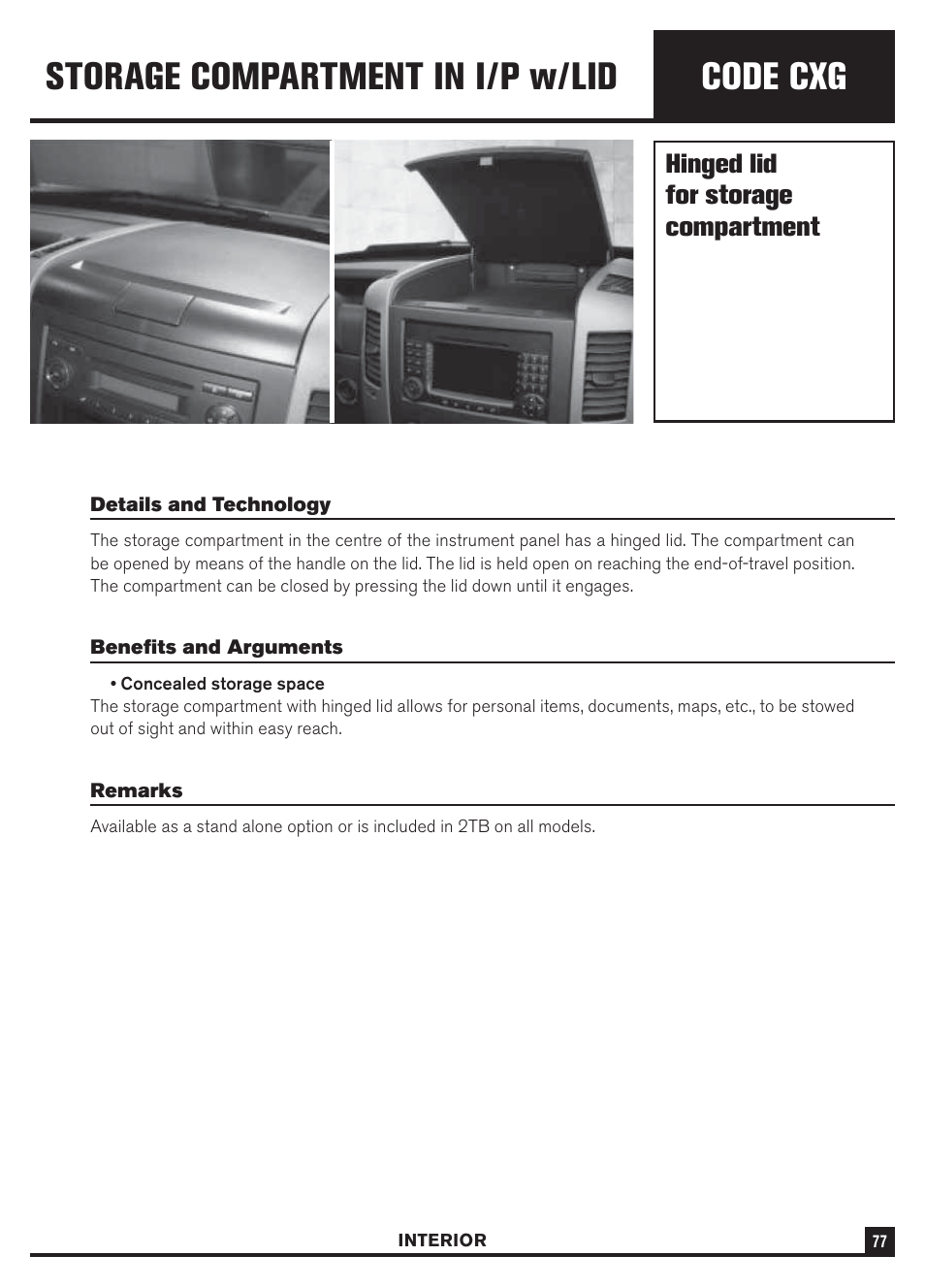 Code cxg, Storage compartment in i/p w/lid, Hinged lid for storage compartment | Dodge Sprinter 3500 User Manual | Page 79 / 202