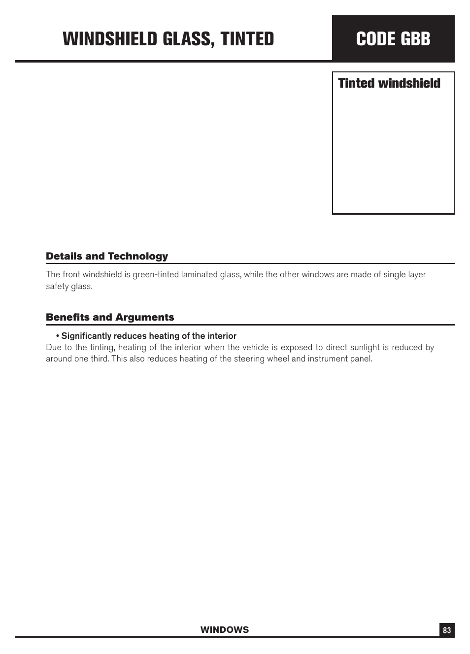 Code gbb, Windshield glass, tinted, Tinted windshield | Dodge Sprinter 3500 User Manual | Page 85 / 202