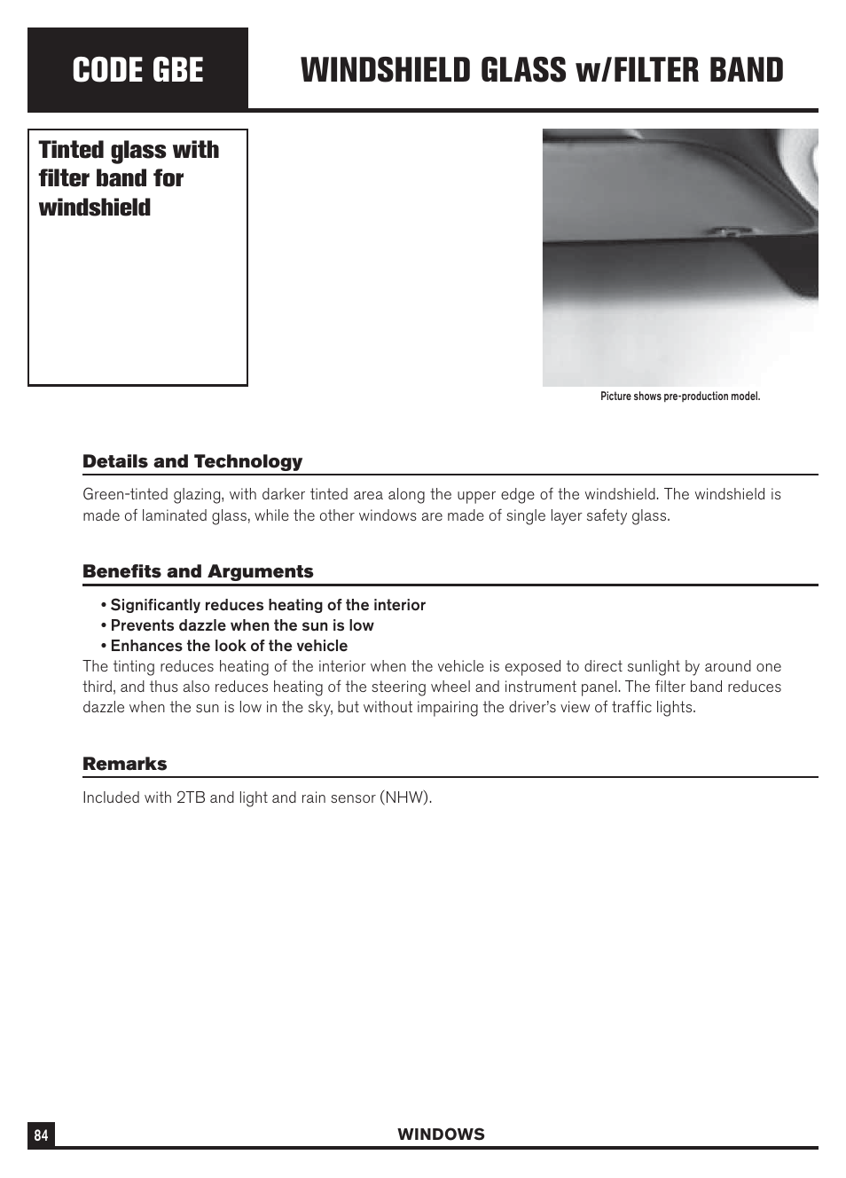 Code gbe, Windshield glass w/filter band, Tinted glass with filter band for windshield | Dodge Sprinter 3500 User Manual | Page 86 / 202