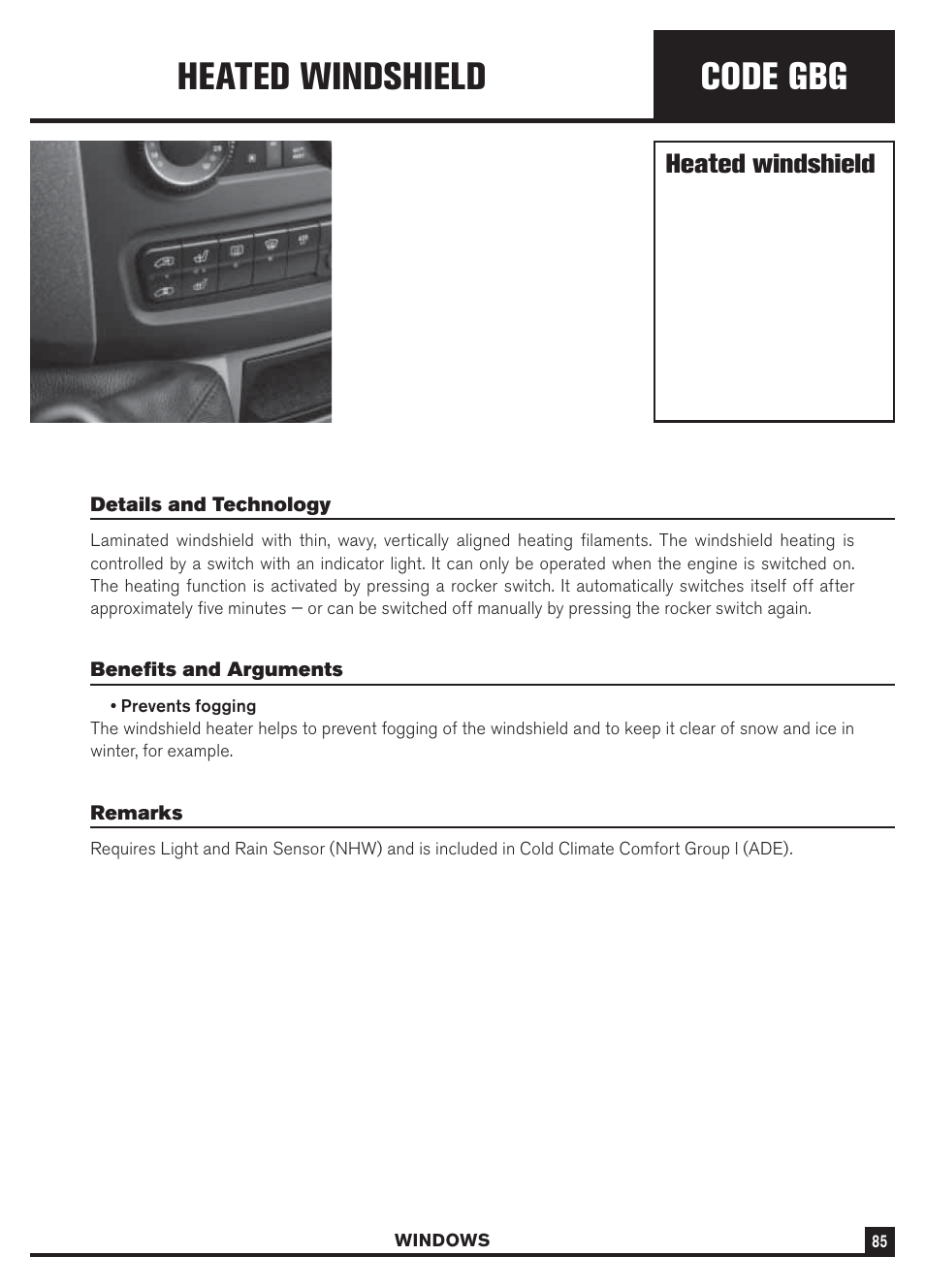 Code gbg, Heated windshield | Dodge Sprinter 3500 User Manual | Page 87 / 202