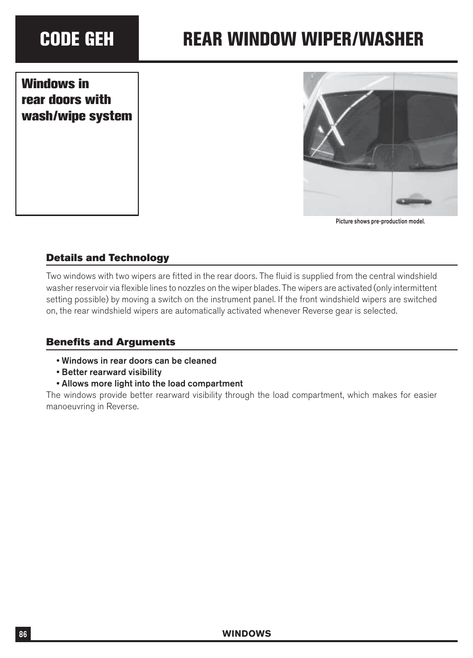 Code geh, Rear window wiper/washer, Windows in rear doors with wash/wipe system | Dodge Sprinter 3500 User Manual | Page 88 / 202