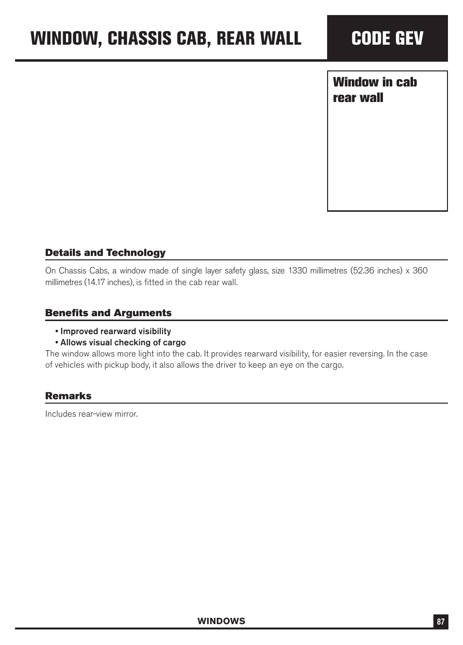 Code gev, Window, chassis cab, rear wall, Window in cab rear wall | Dodge Sprinter 3500 User Manual | Page 89 / 202