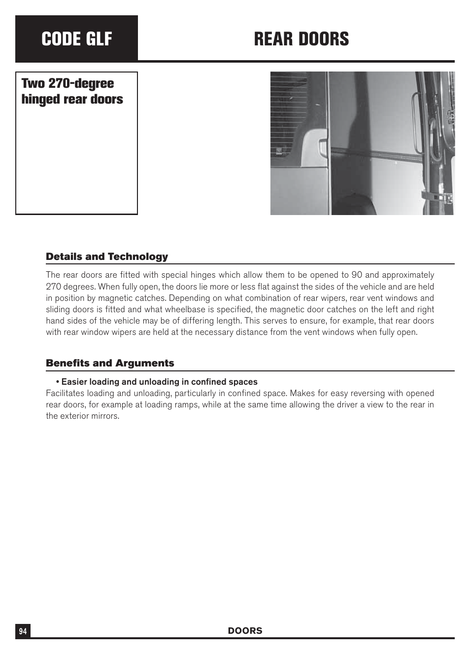 Code glf, Rear doors, Two 270-degree hinged rear doors | Dodge Sprinter 3500 User Manual | Page 96 / 202