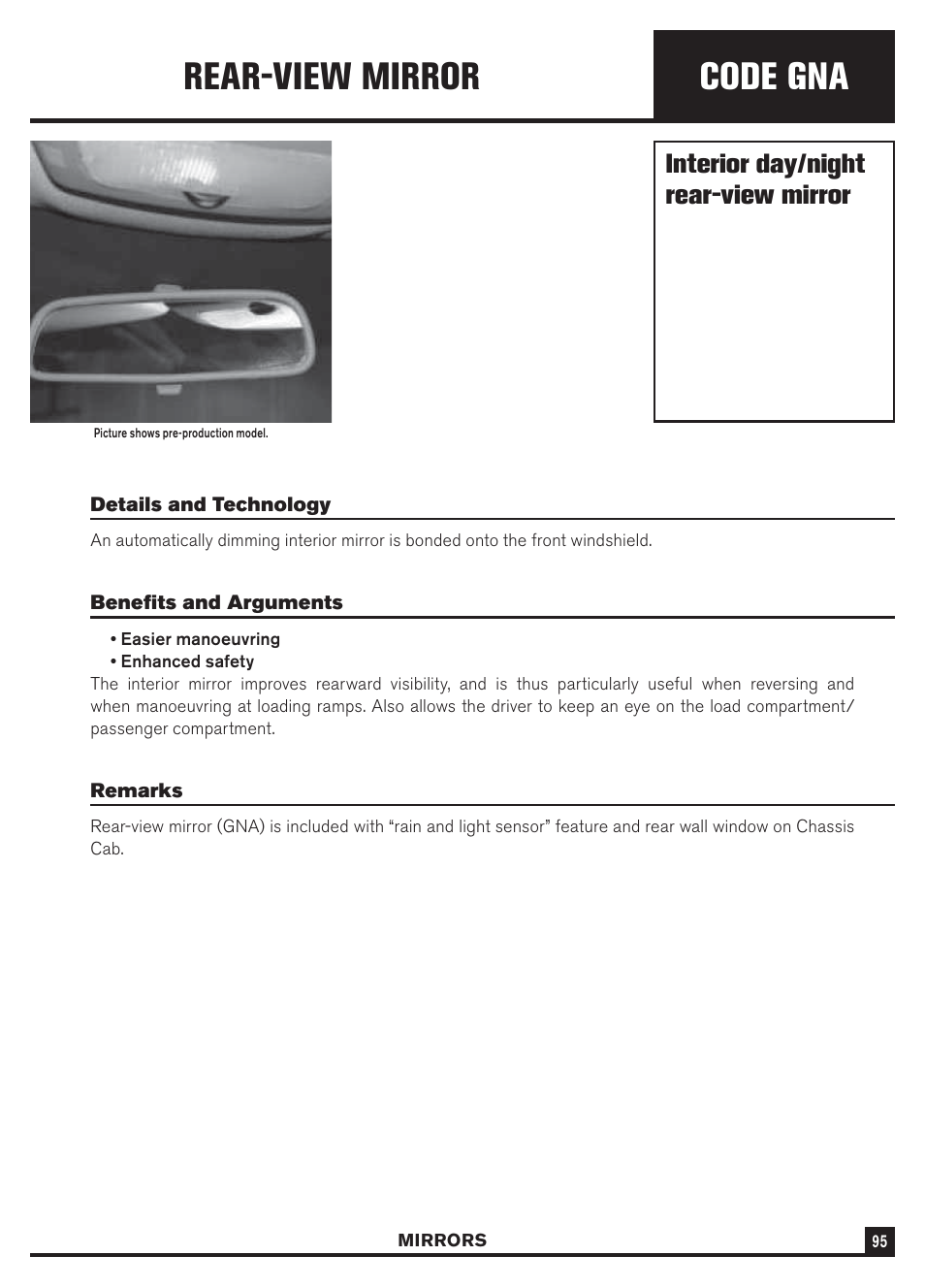 Code gna, Rear-view mirror, Interior day/night rear-view mirror | Dodge Sprinter 3500 User Manual | Page 97 / 202