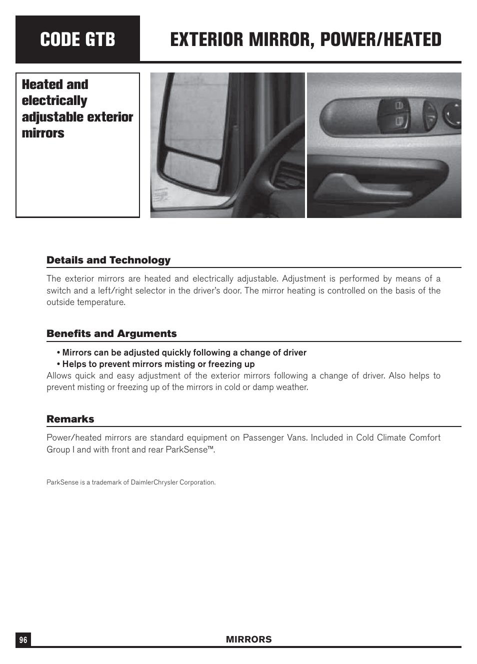 Code gtb, Exterior mirror, power/heated | Dodge Sprinter 3500 User Manual | Page 98 / 202