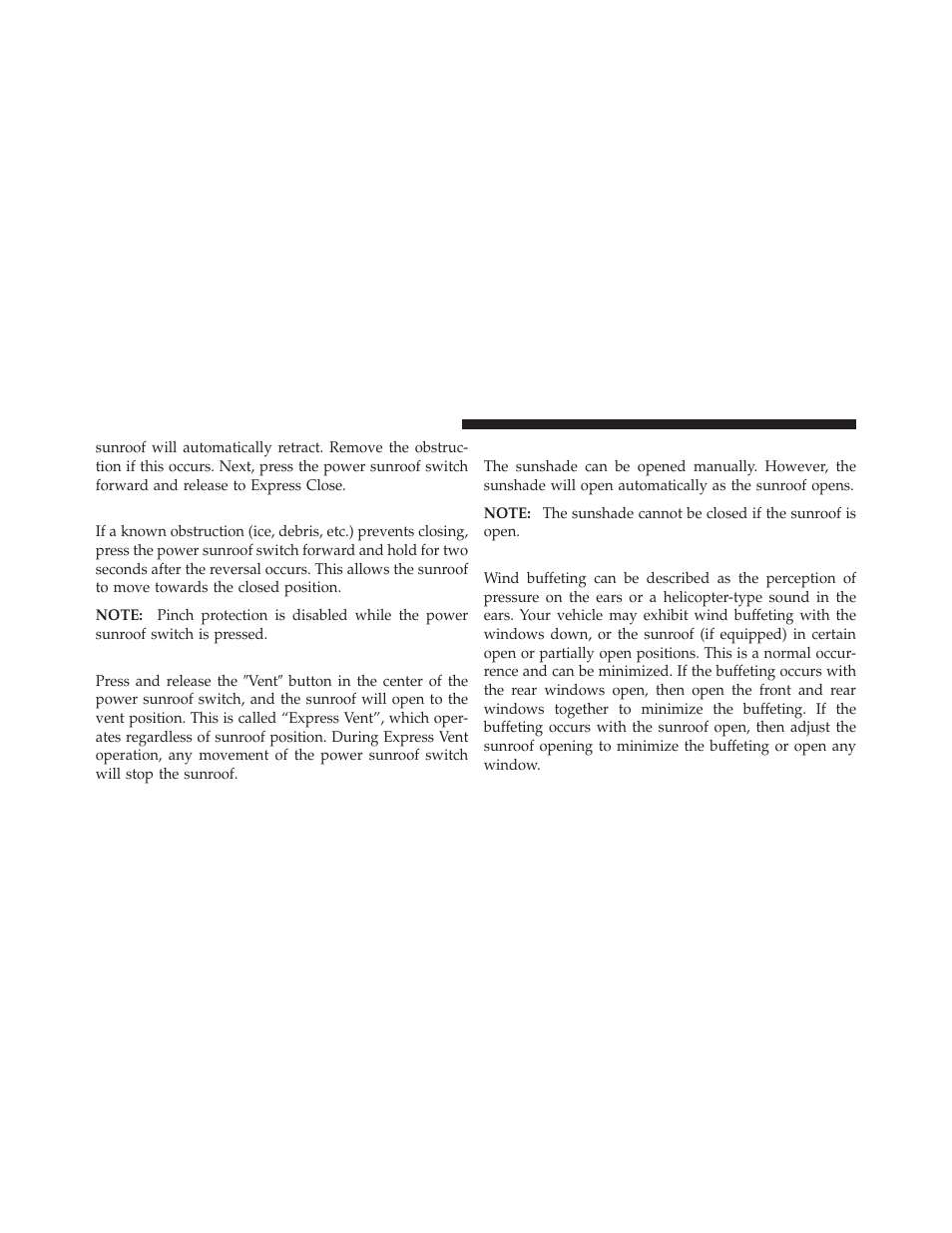 Pinch protect override, Venting sunroof — express, Sunshade operation | Wind buffeting | Dodge 2010 Charger SRT User Manual | Page 155 / 442