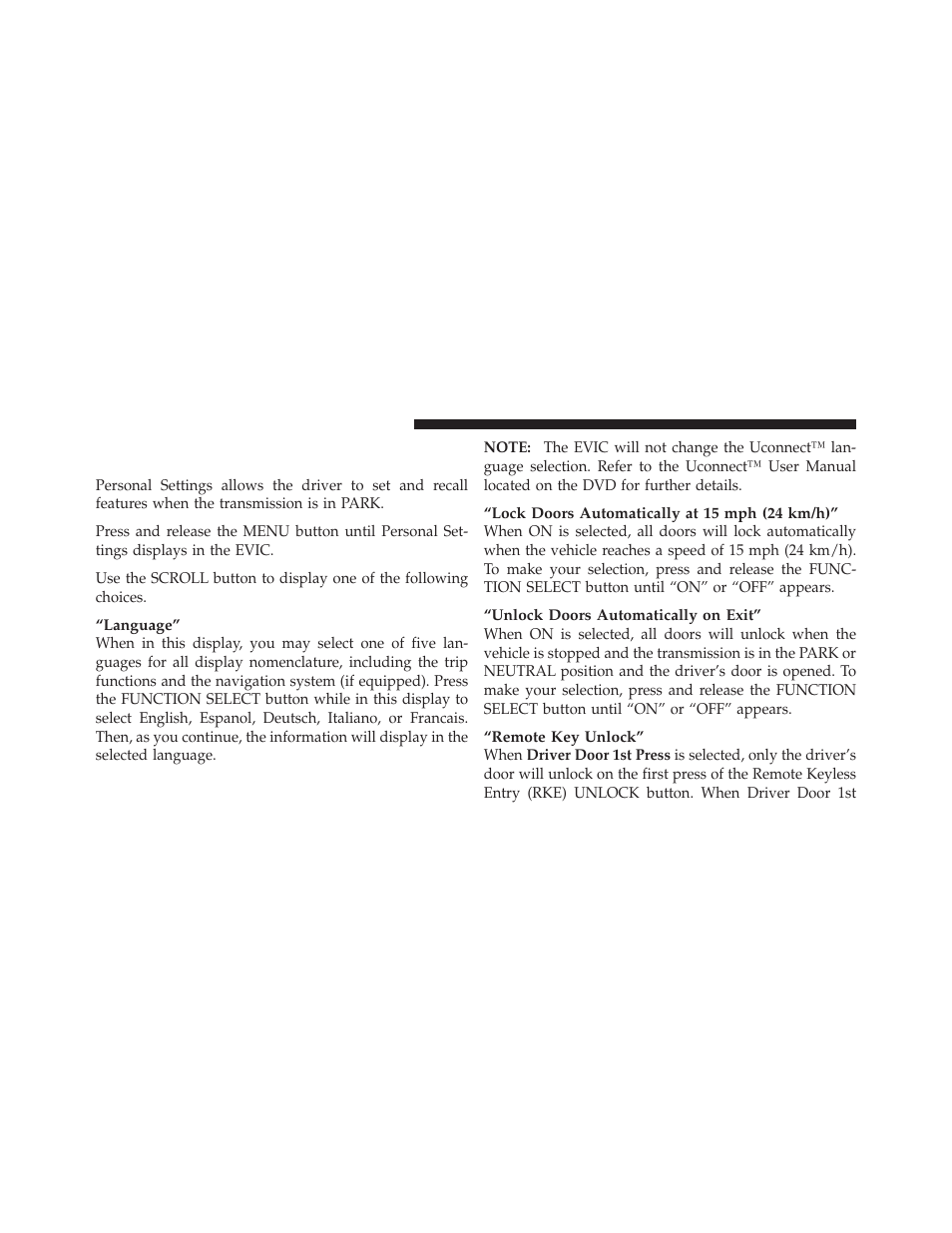 Personal settings (customer-programmable features), Personal settings, Customer-programmable features) | Dodge 2010 Charger SRT User Manual | Page 193 / 442