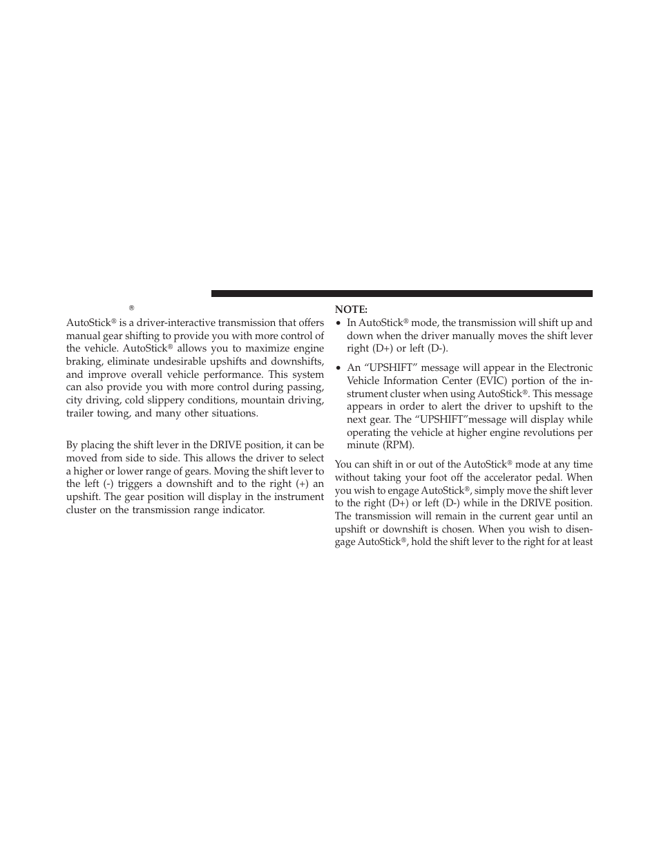 Autostick, Operation | Dodge 2010 Charger SRT User Manual | Page 265 / 442