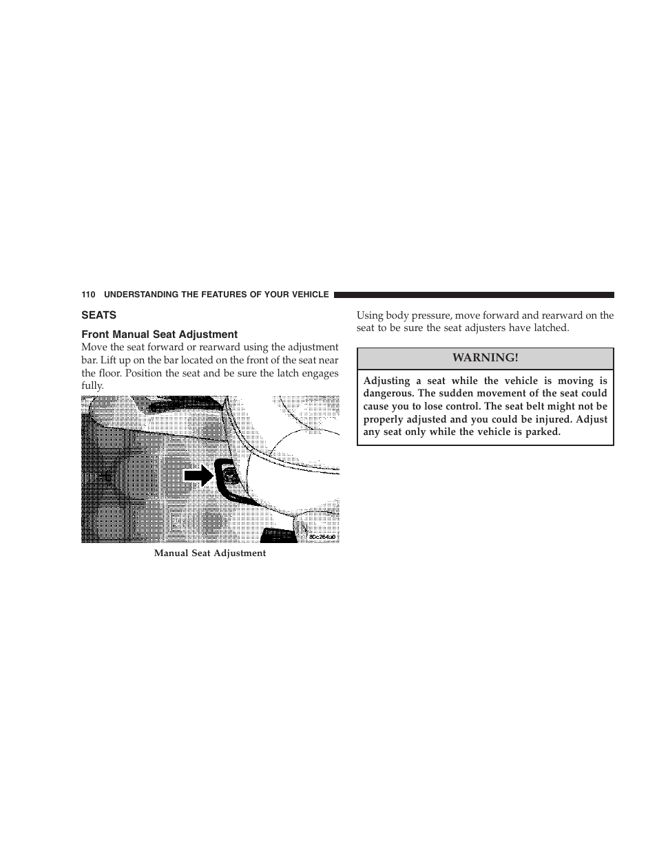 Seats, Front manual seat adjustment | Dodge 2007 KA Nitro User Manual | Page 110 / 436