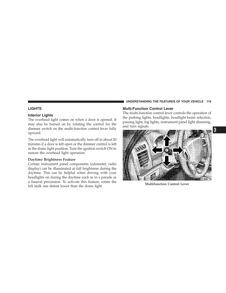 Lights, Interior lights, Multi-function control lever | Dodge 2007 KA Nitro User Manual | Page 119 / 436