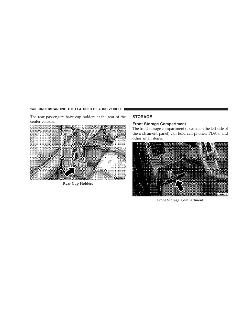 Storage, Front storage compartment | Dodge 2007 KA Nitro User Manual | Page 148 / 436