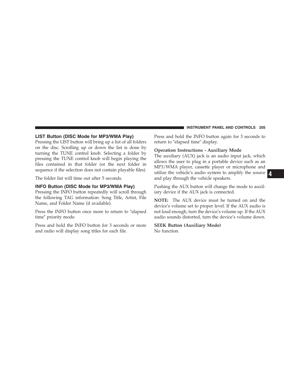 List button, Disc mode for mp3/wma play), Info button | Dodge 2007 KA Nitro User Manual | Page 205 / 436