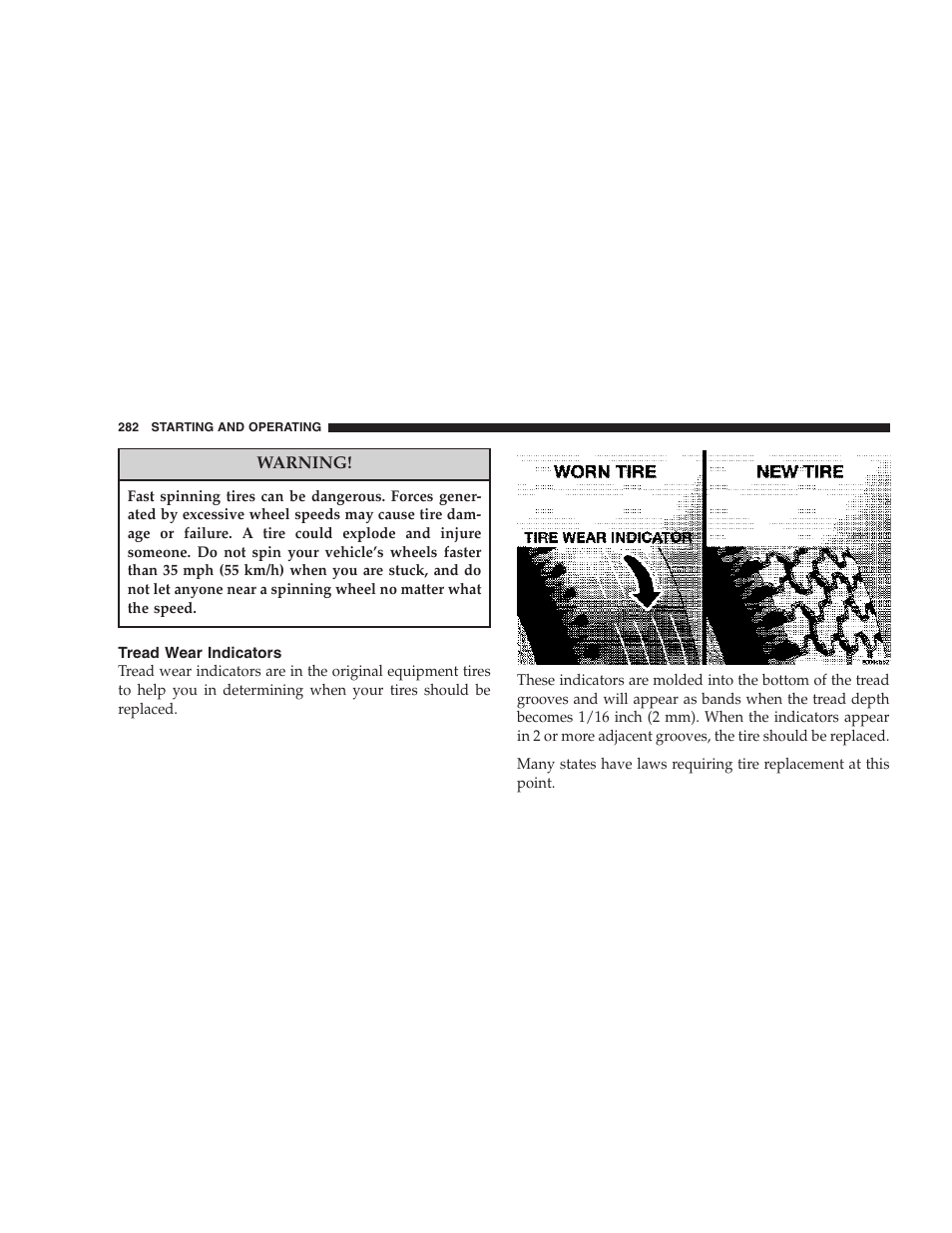 Tread wear indicators | Dodge 2007 KA Nitro User Manual | Page 282 / 436