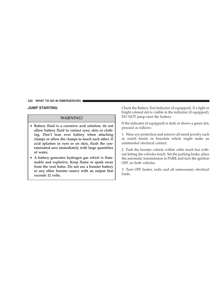 Jump starting | Dodge 2007 KA Nitro User Manual | Page 332 / 436