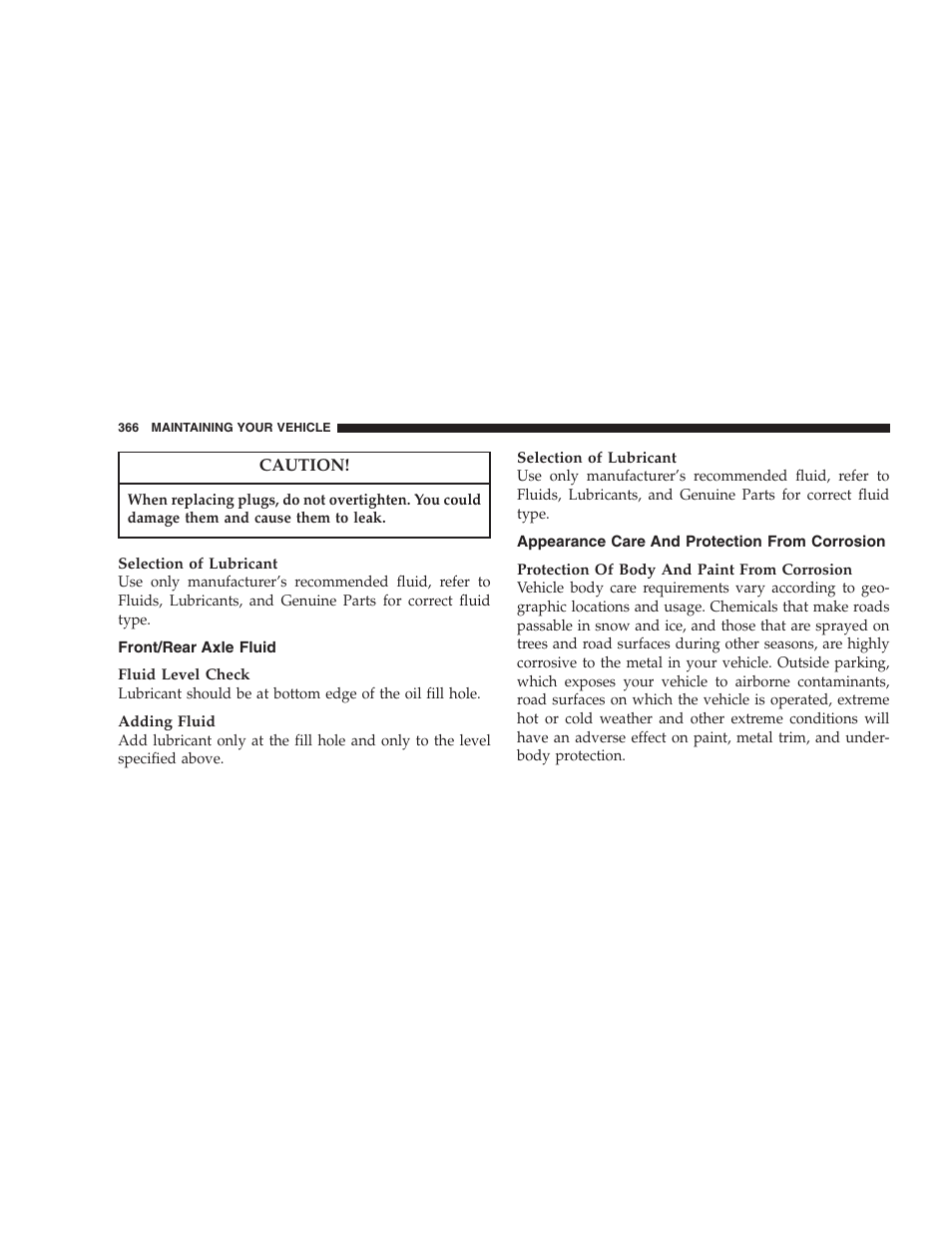 Front/rear axle fluid, Appearance care and protection, From corrosion | Dodge 2007 KA Nitro User Manual | Page 366 / 436