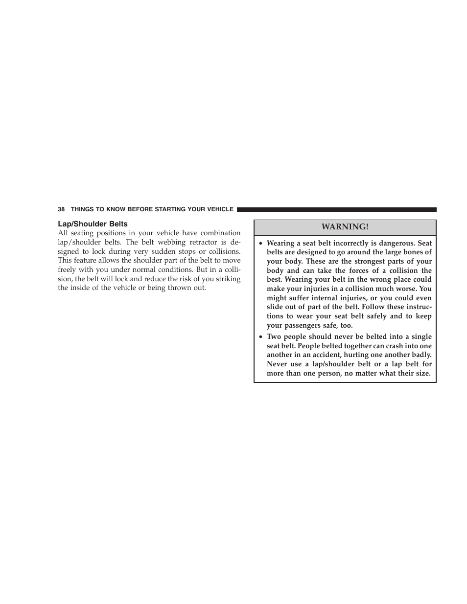 Lap/shoulder belts | Dodge 2007 KA Nitro User Manual | Page 38 / 436