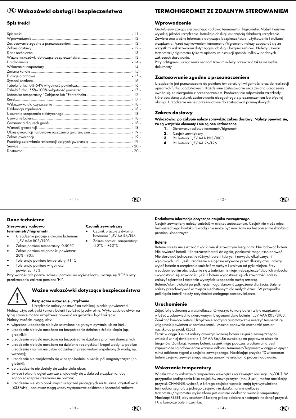 Wskazówki obsługi i bezpieczeństwa, Termohigromet ze zdalnym sterowaniem | Auriol 4-LD3443 User Manual | Page 4 / 19