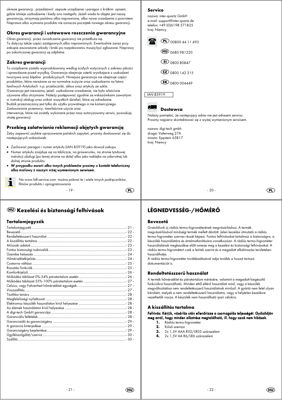 Kezelési és biztonsági felhívások, Légnedvesség-/hőmérő | Auriol 4-LD3443 User Manual | Page 6 / 19