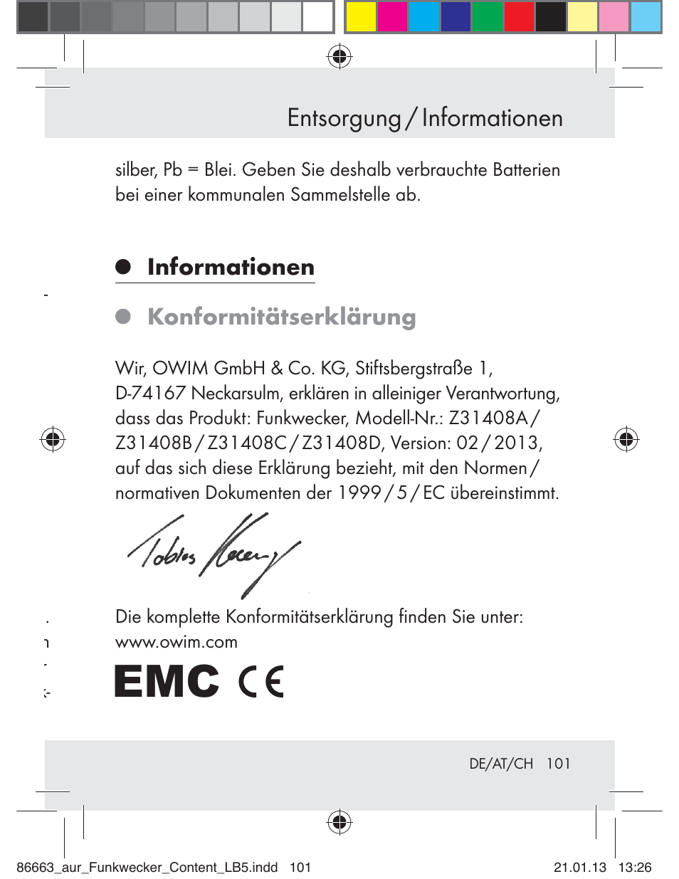 Entsorgung / informationen, Informationen, Konformitätserklärung | Auriol Z31408 User Manual | Page 101 / 102