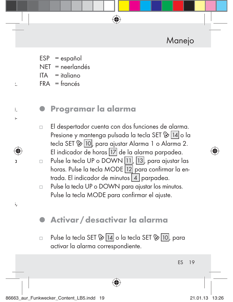 Manejo, Programar la alarma, Activar / desactivar la alarma | Auriol Z31408 User Manual | Page 19 / 102