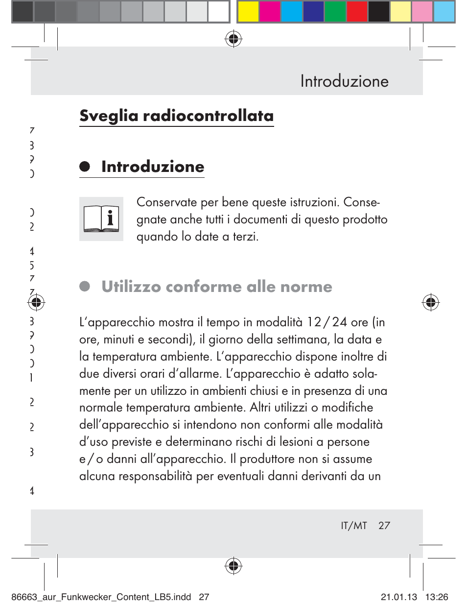 Introduzione, Sveglia radiocontrollata, Utilizzo conforme alle norme | Auriol Z31408 User Manual | Page 27 / 102