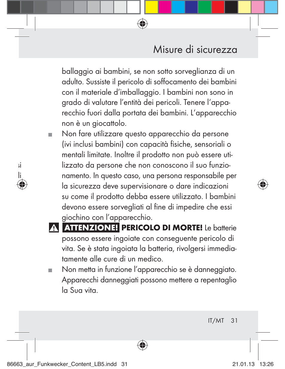 Misure di sicurezza | Auriol Z31408 User Manual | Page 31 / 102