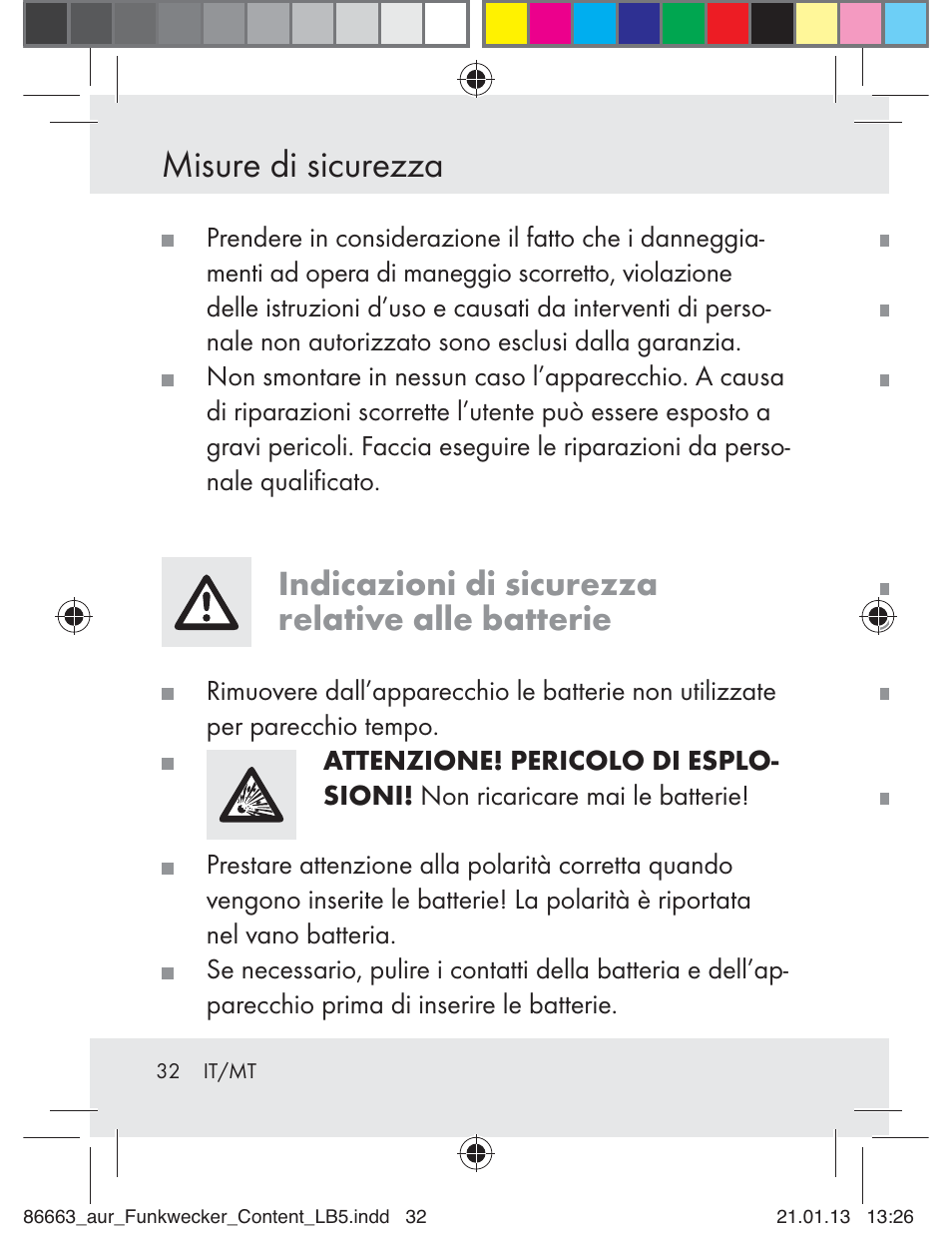 Misure di sicurezza, Indicazioni di sicurezza relative alle batterie | Auriol Z31408 User Manual | Page 32 / 102
