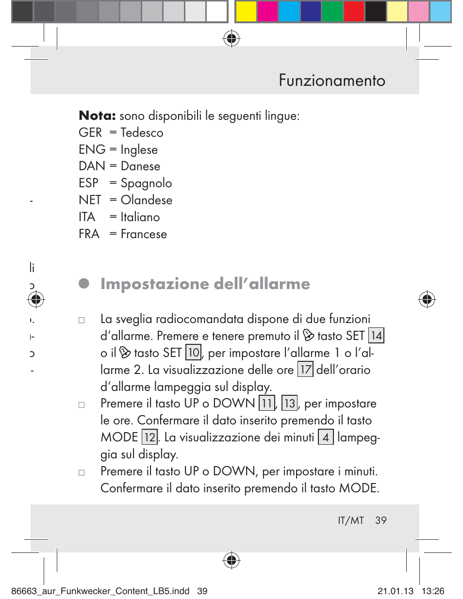 Funzionamento, Impostazione dell’allarme | Auriol Z31408 User Manual | Page 39 / 102