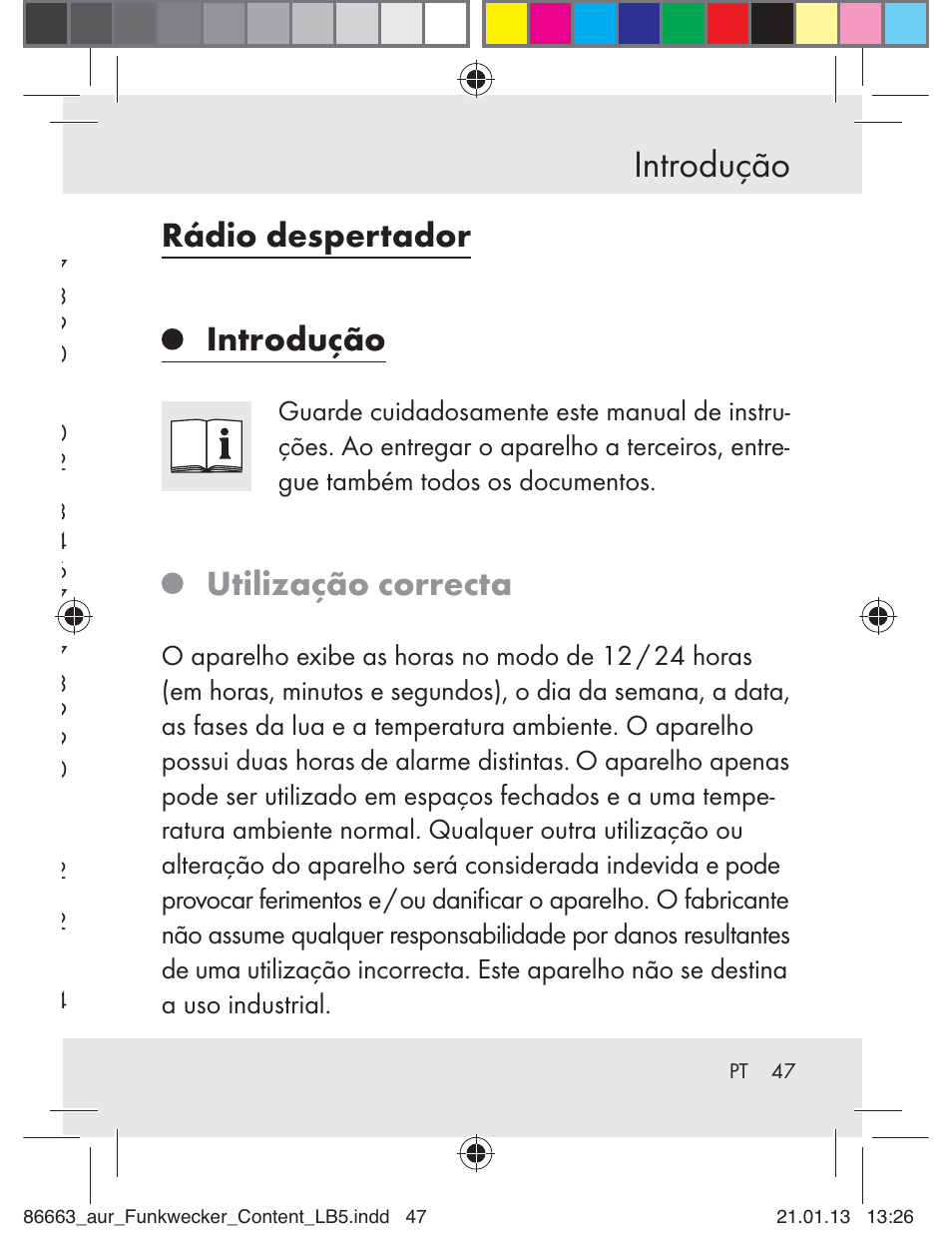 Introdução, Rádio despertador, Utilização correcta | Auriol Z31408 User Manual | Page 47 / 102