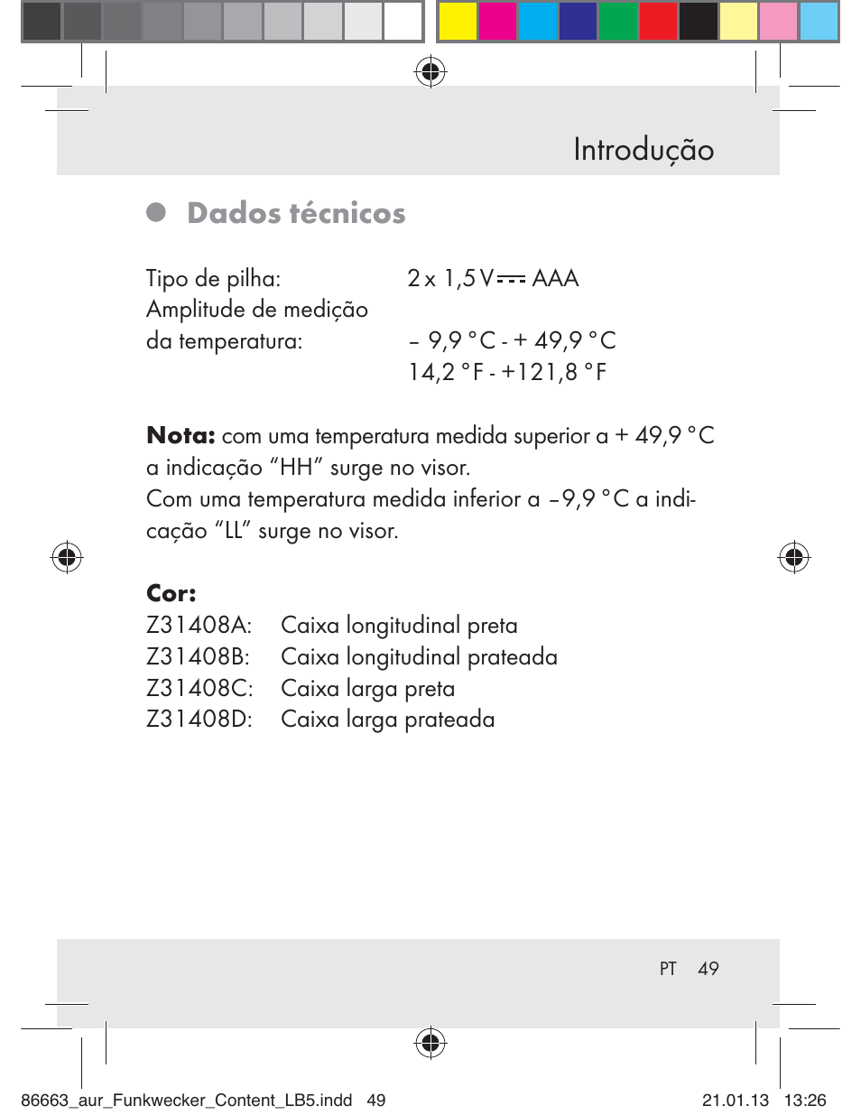 Introdução, Dados técnicos | Auriol Z31408 User Manual | Page 49 / 102