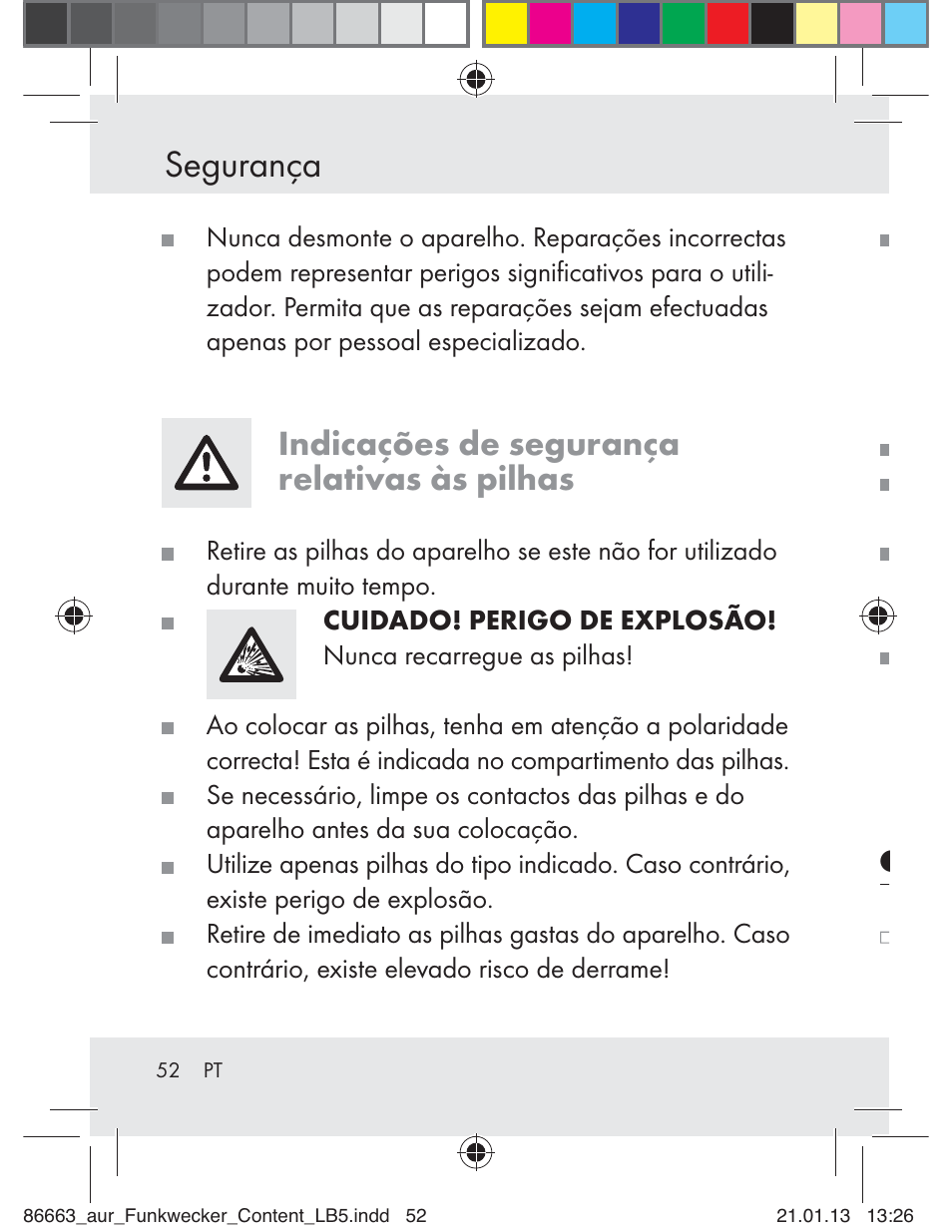 Segurança, Indicações de segurança relativas às pilhas | Auriol Z31408 User Manual | Page 52 / 102